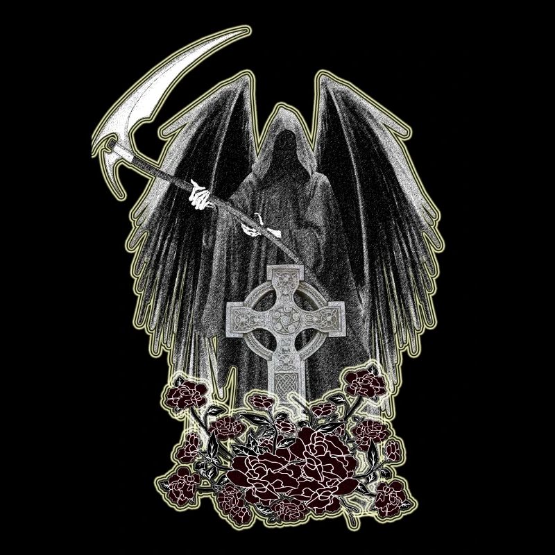 Grim Reaper,keltisches Kreuz und Rosen mit Schein