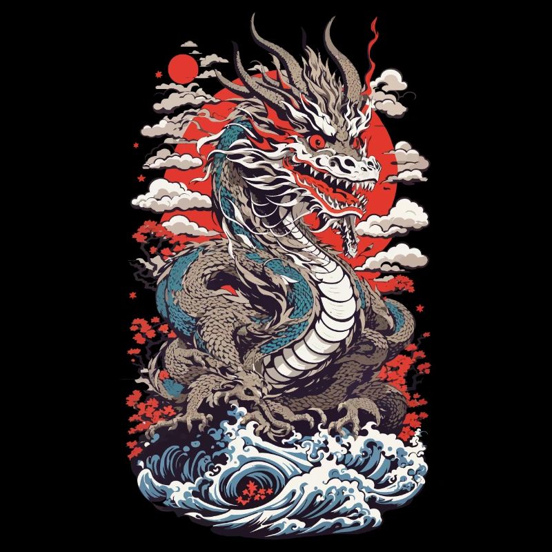 Japanese Dragon Ukiyo-E Style with Kanagawa Wave