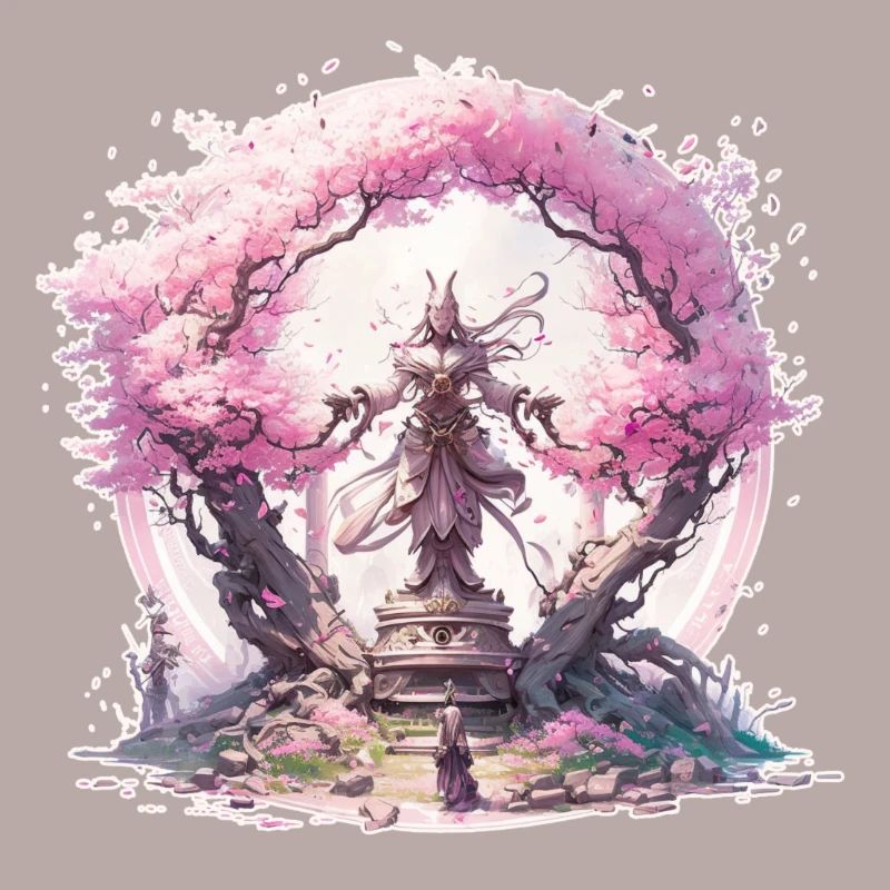 Statue under a cherry blossom tree