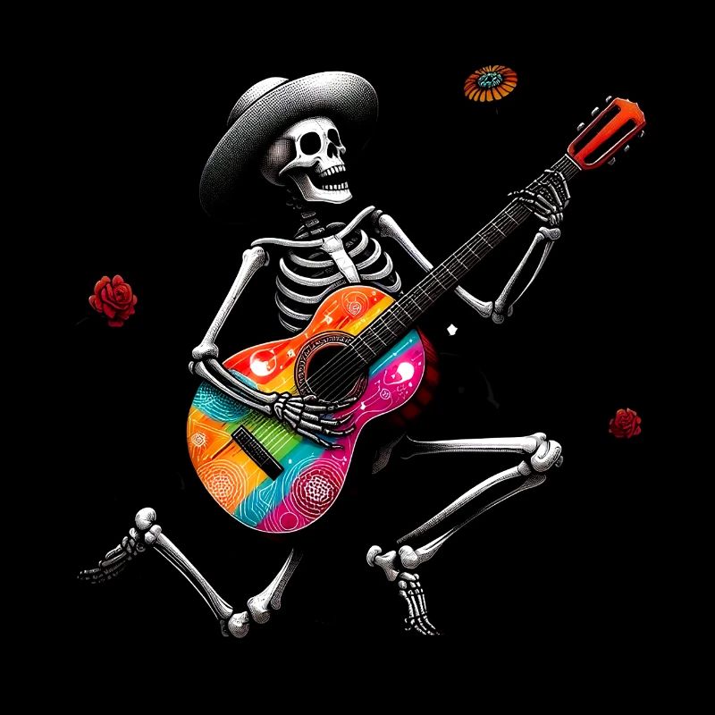 Skeleton playing guitar.