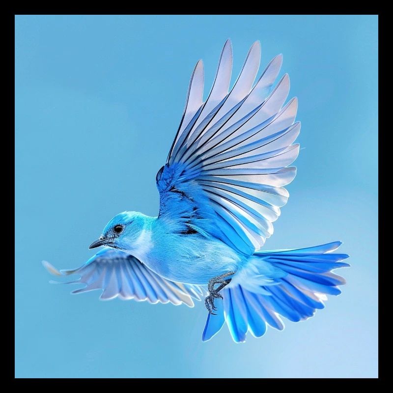 blue songbird in flight blue background