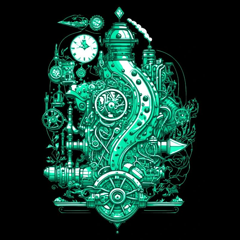 Steampunk steam engine with clockwork and technology