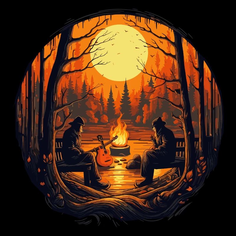 Campfire Lagerfeuer am See mit Holzhütte im Wald
