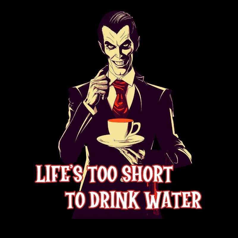 A stylish vampire drinking coffee at night.