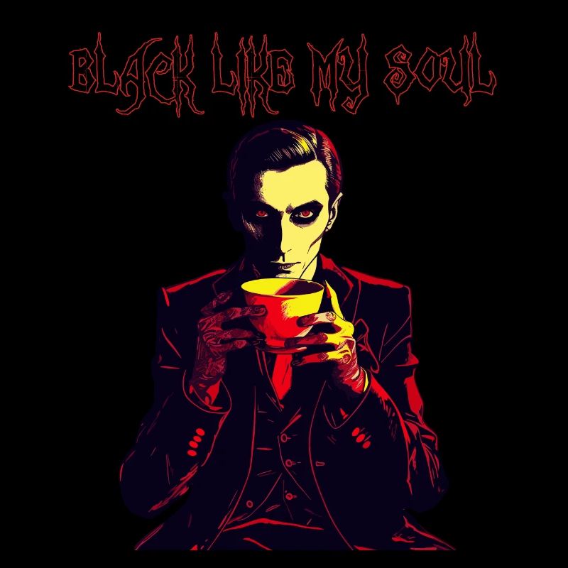 A creepy vampire drinking coffee