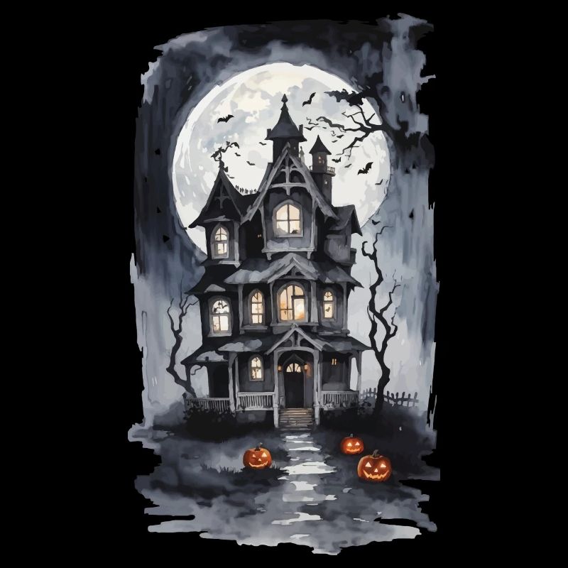 Halloween Night Witch House Full Moon Bats