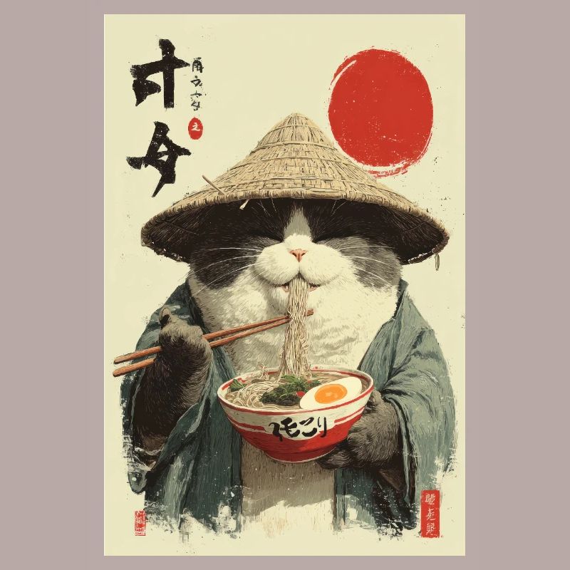 Chat samouraï mangeant des ramen