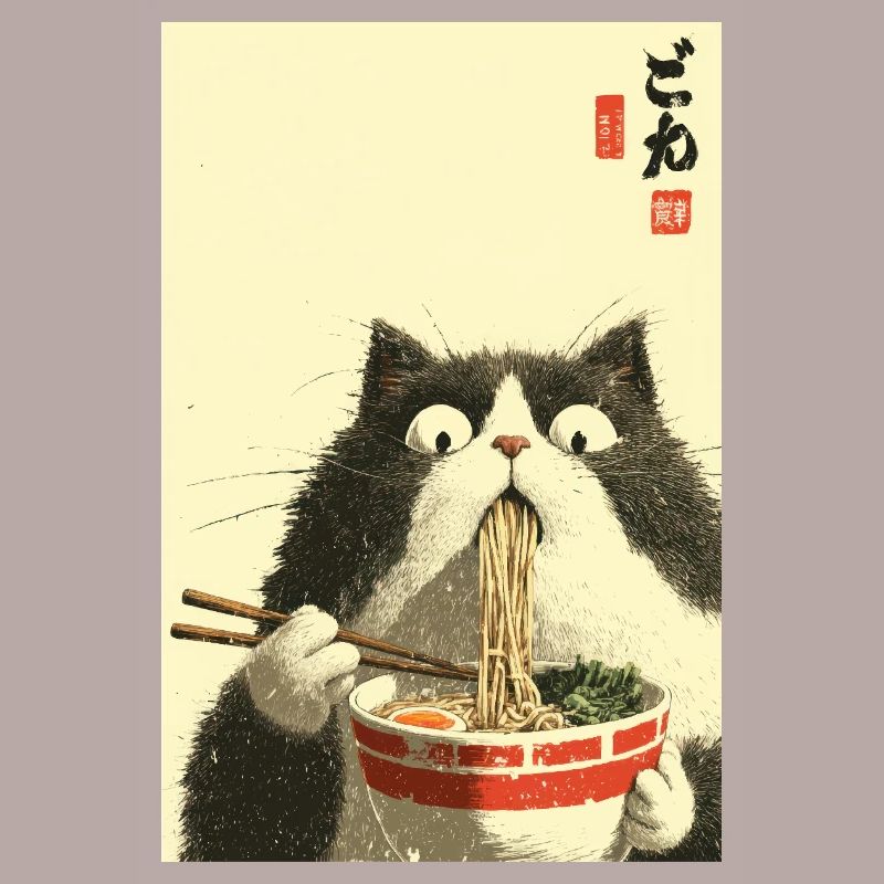 Chat surpris mangeant des ramen