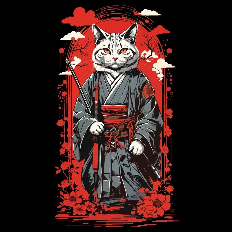 Kawaii Samurai Katze retro Ukiyo-E Japan Stil