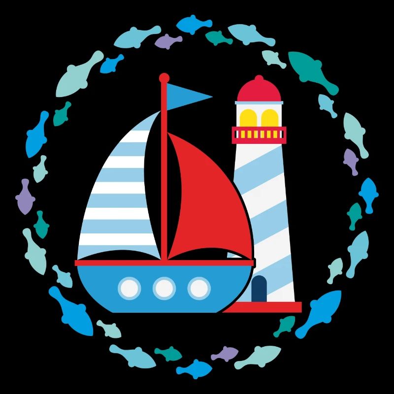 Buntes Segelboot und Leuchtturm