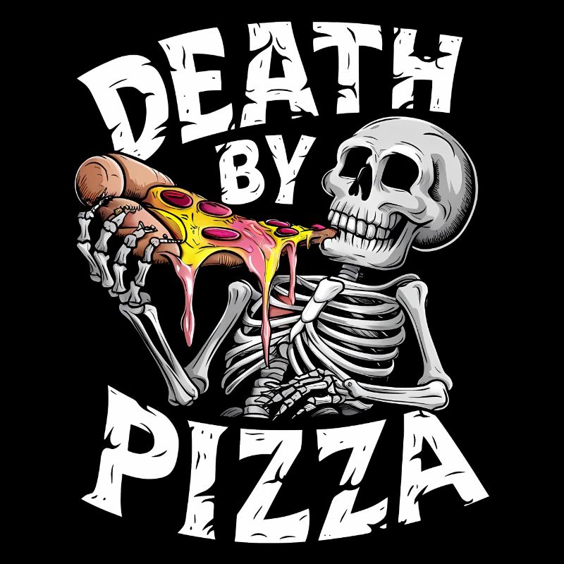Humorous Skeleton Eating Pizza Graphic Design