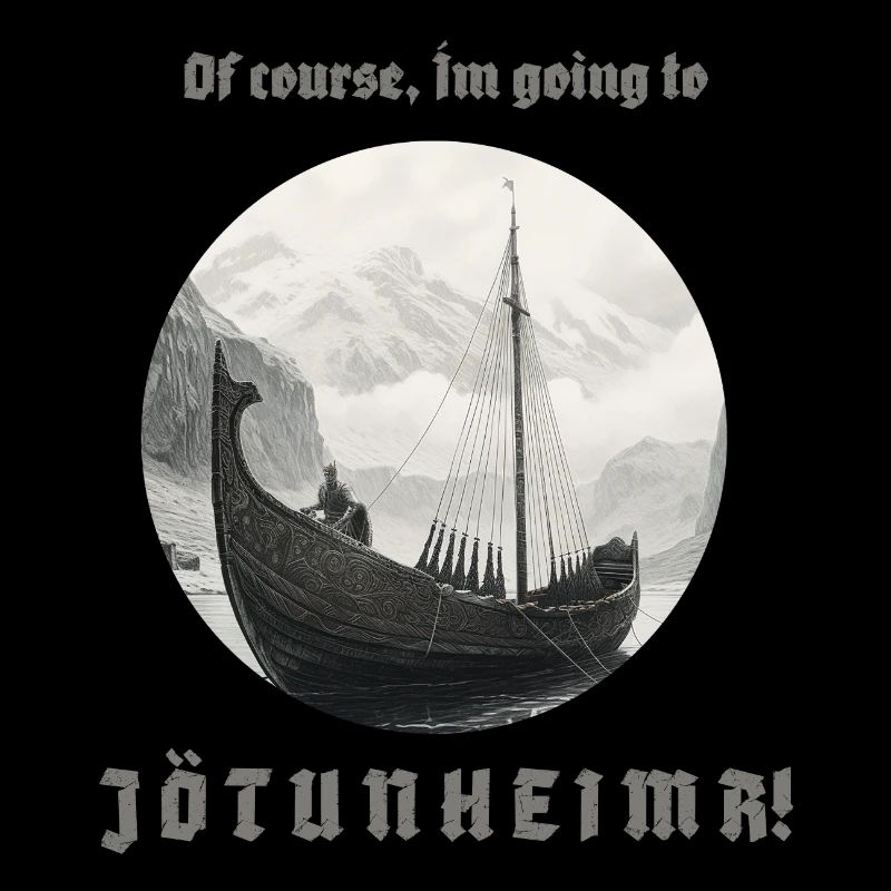 Viking ship sails to Jötunheim with inscription