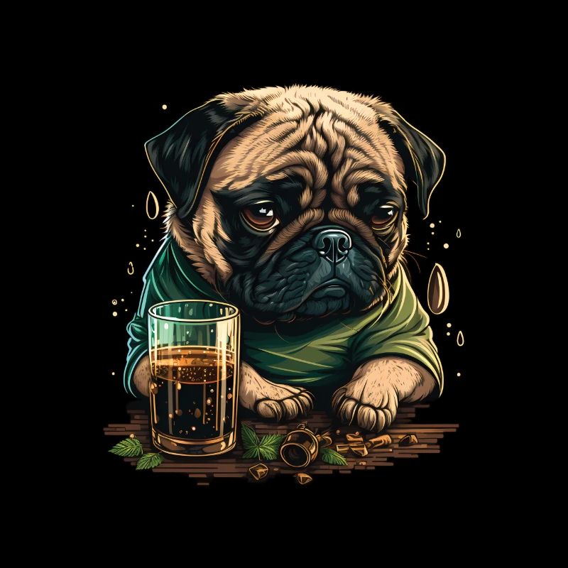 Grumpy Pug drinks whiskey