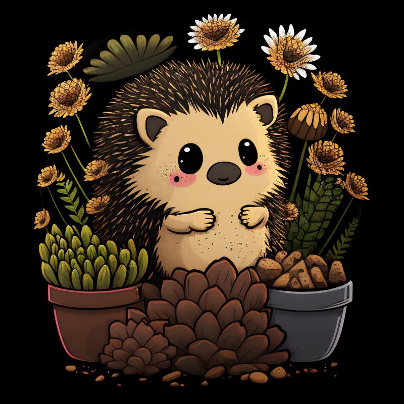 Petit hérisson, pot de fleur, cactus, fleurs, jardin