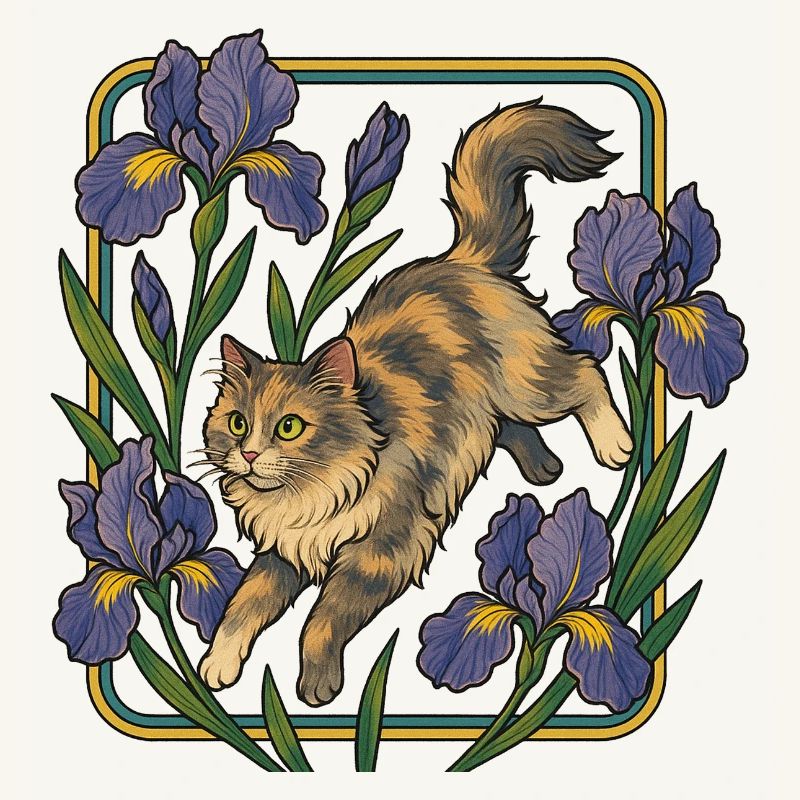 Chat élégant parmi les fleurs d'iris