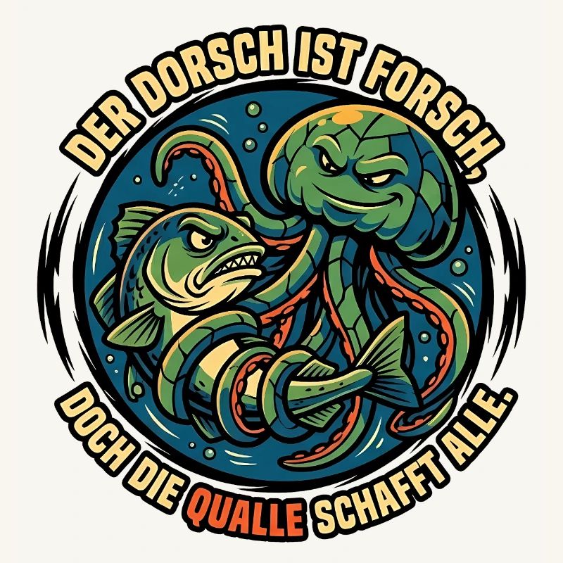 Cod and jellyfish underwater duel