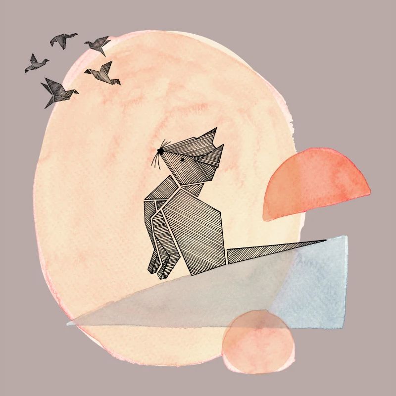 Illustration de l’origami du chat et des oiseaux