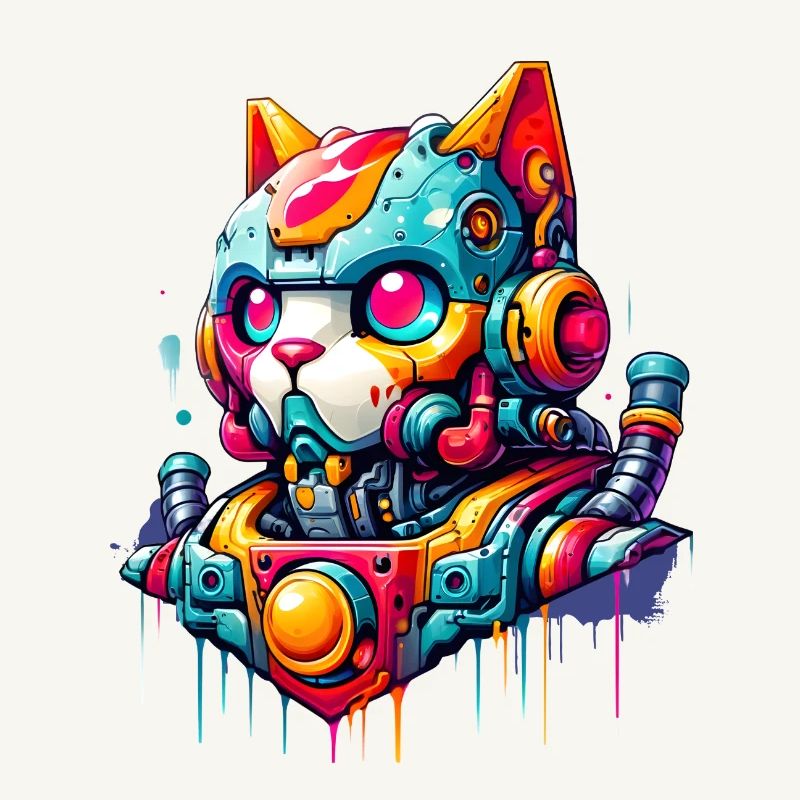 Chat conçu comme un robot dans le style graffiti de la bande dessinée