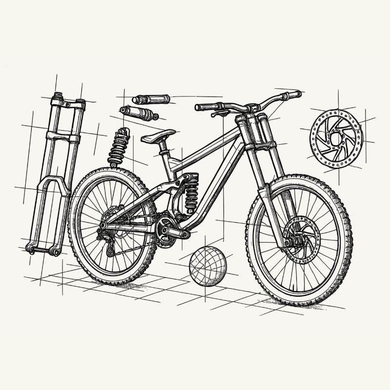 DH Bike Exploded Drawing - Geometry Sketch