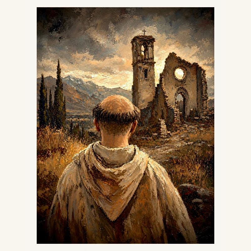Moine devant les ruines au coucher du soleil
