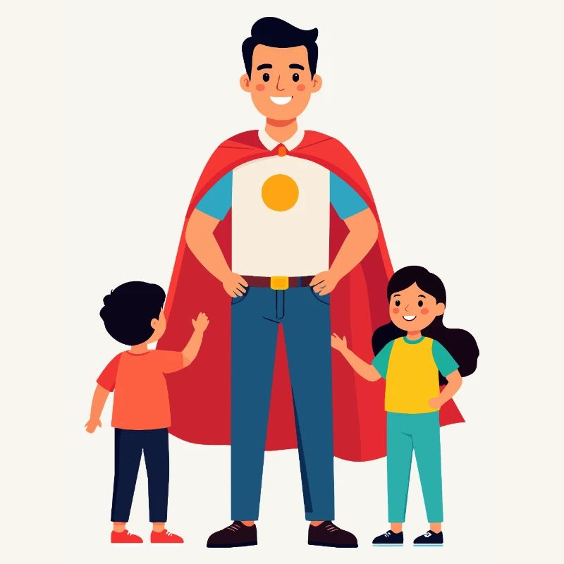 Erzieher Held oder Heldenvater mit Cape und Kinder