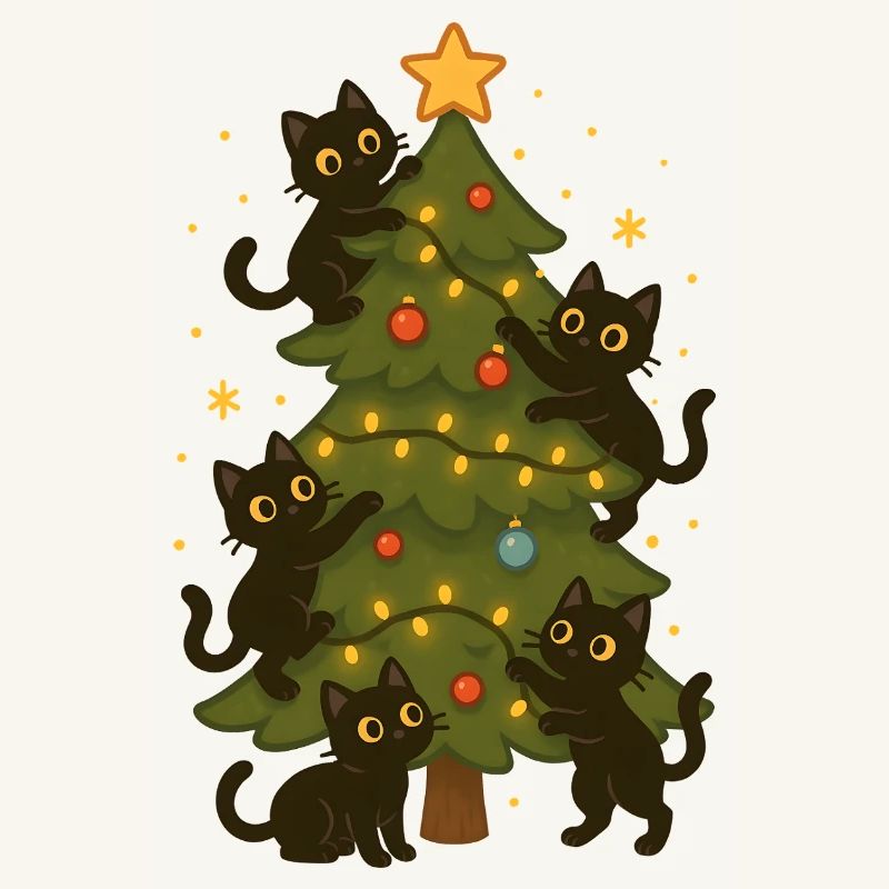 Cats Decorating Christmas Tree Fun Design