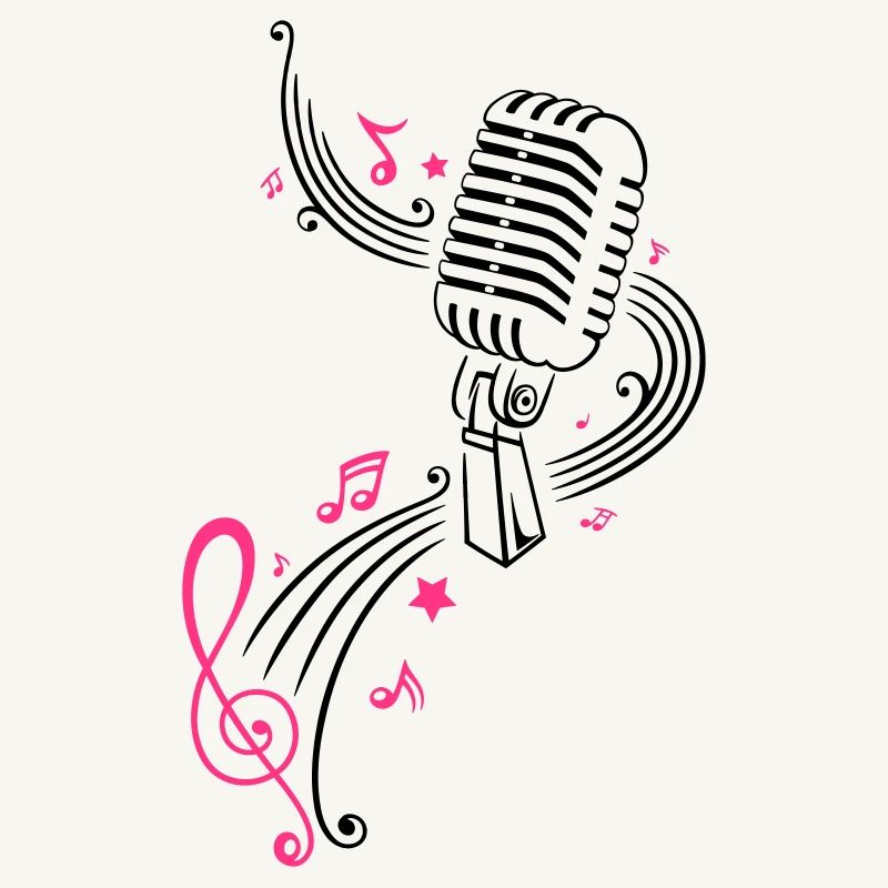 Retro microphone with music notes and clef.