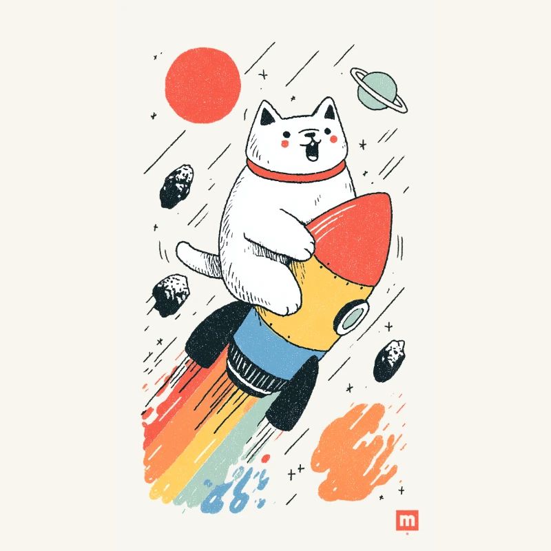 Chat sur fusée dans l’espace coloré