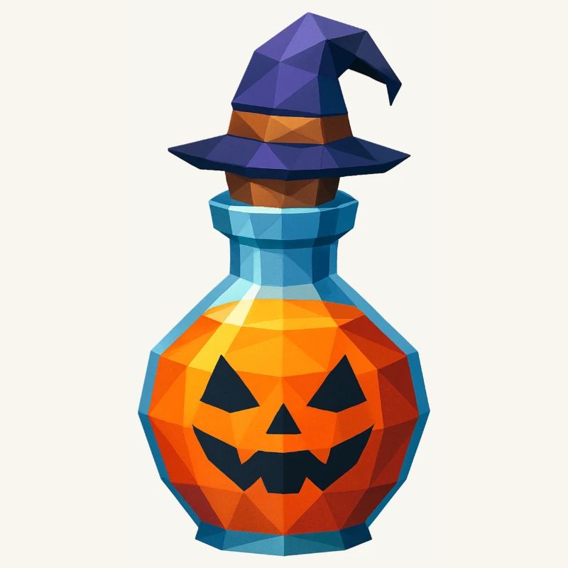 Low-Poly-Kürbis in einem Hexenfläschchen