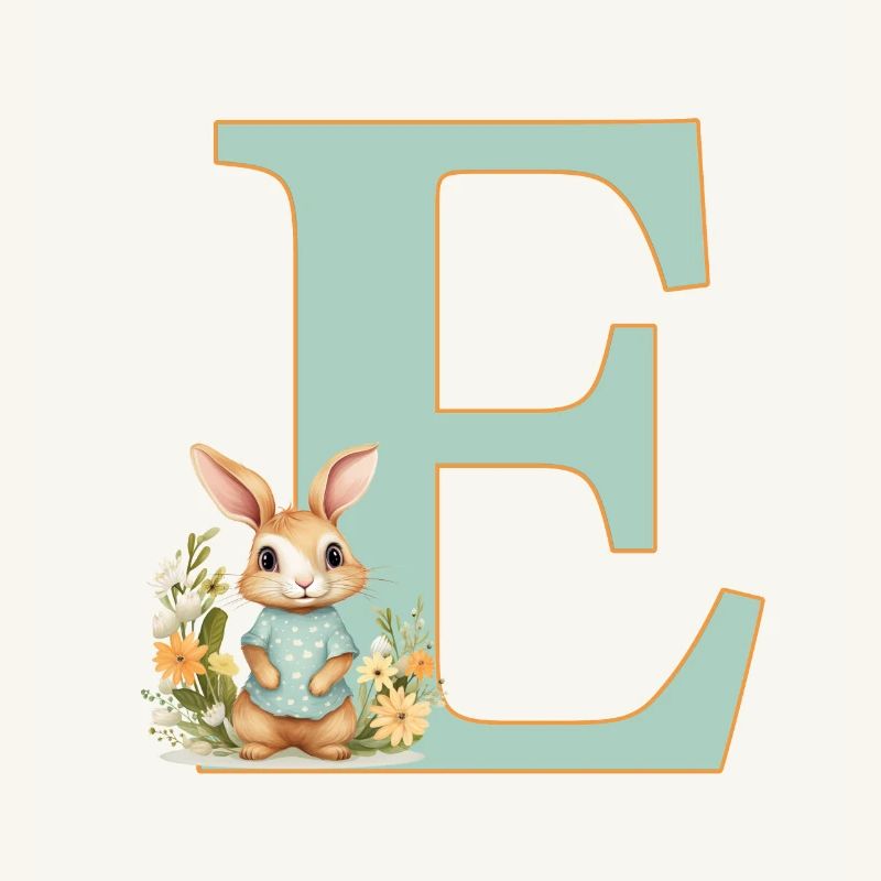 Lettre E, Monogramme, Fleurs, Lapin