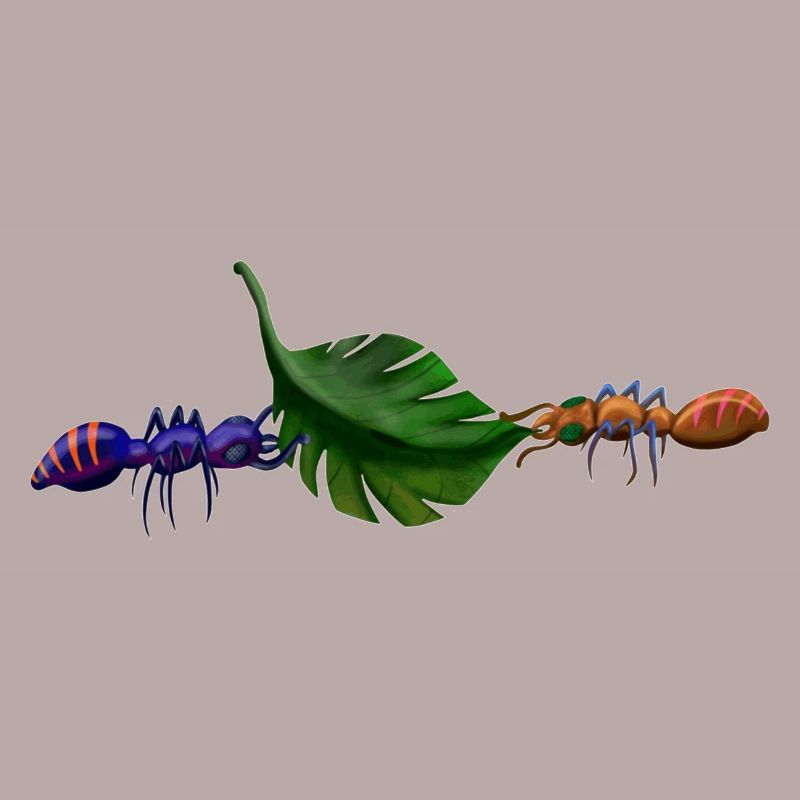 2 ants carry leaf in teamwork