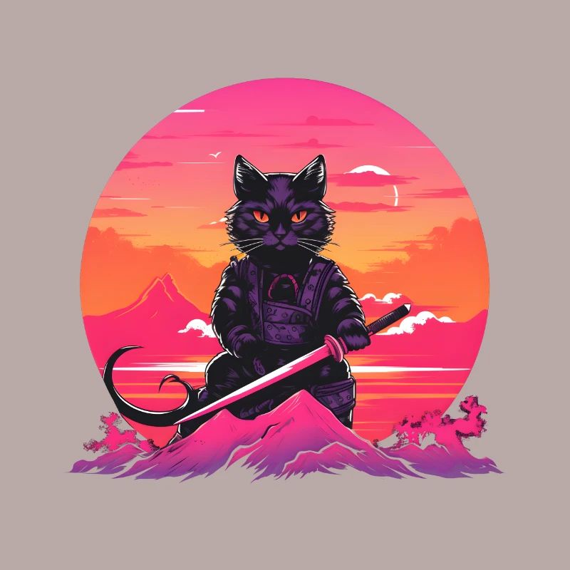 Synthwave samouraï Chat avec katana