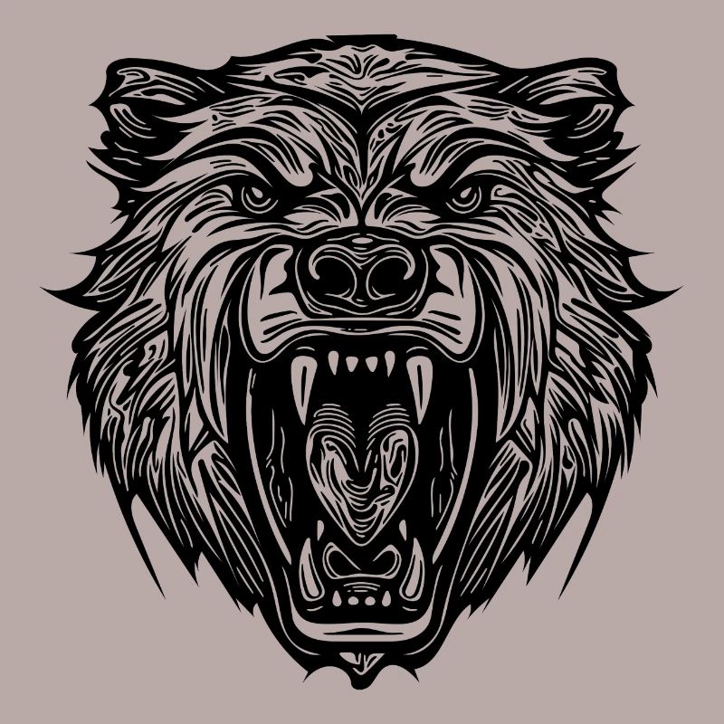 Wild bear's head with sharp teeth