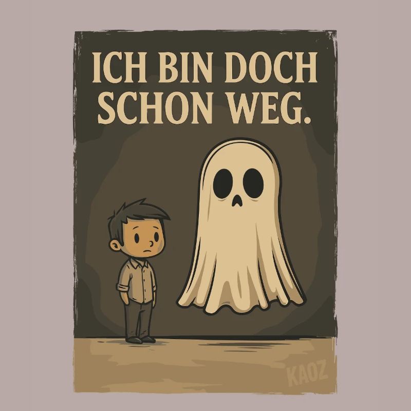 Junge mit Geist und Text „Ich bin doch schon weg“