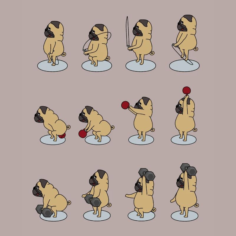 fitter Mops macht Sport mit Dumbbell, Kettlebell