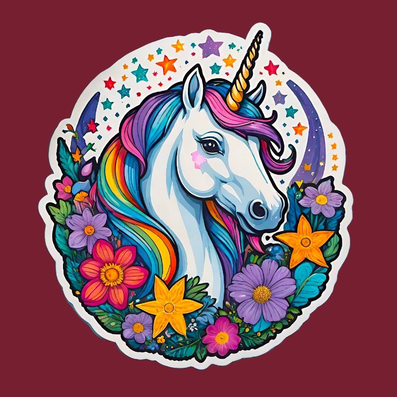 Regebogen Einhorn mit Blumen und Sternen