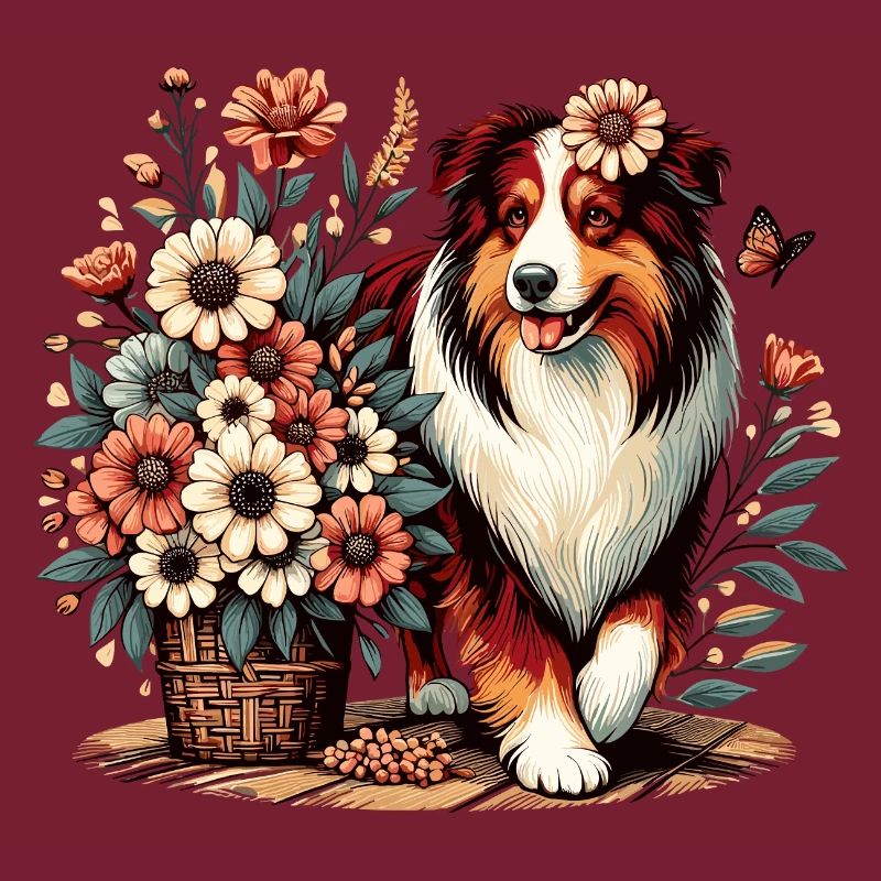 Australian Shepherd Cottage Core Blumen red tri