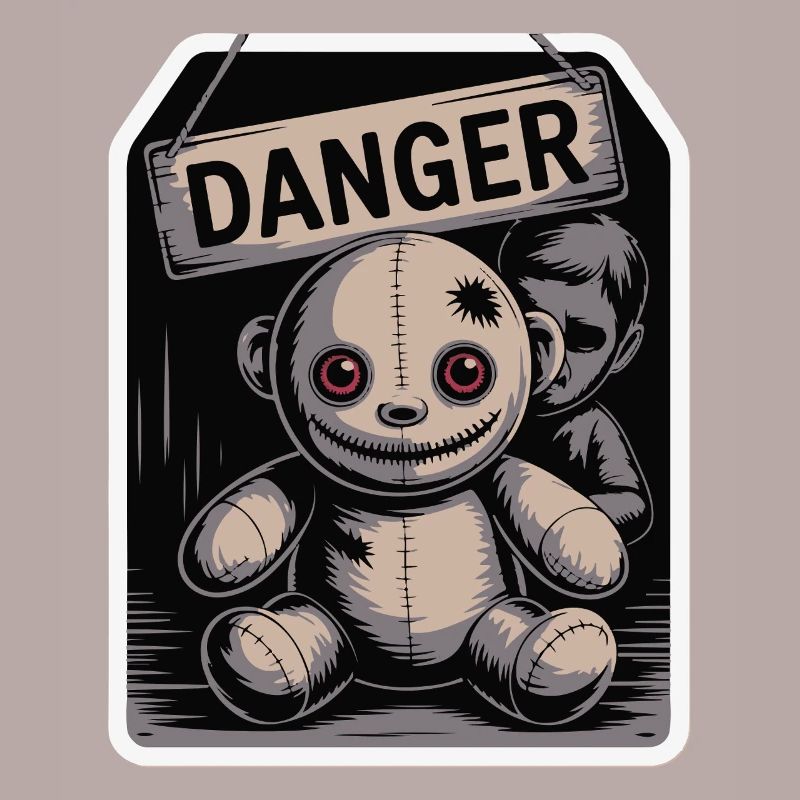 Poupée étrange avec un panneau de danger