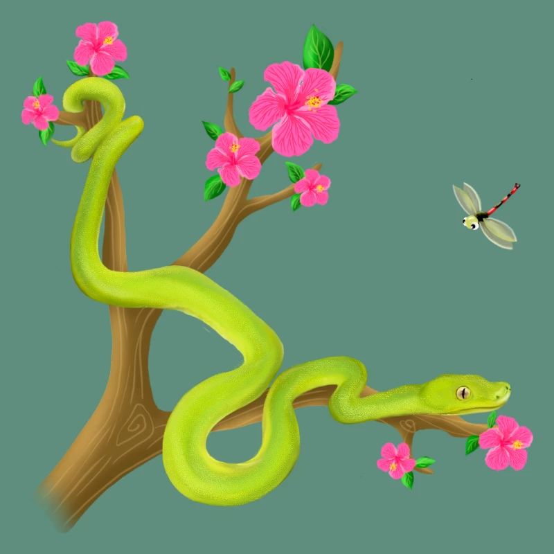 The Green Python snake on the tree with flowers