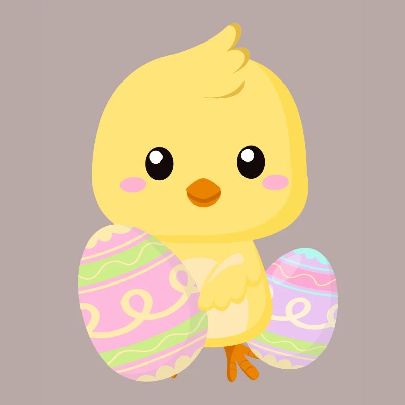 Cute little Easter chick with Easter eggs