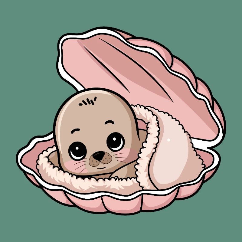 Bébé phoque douillet dans un coquillage rose