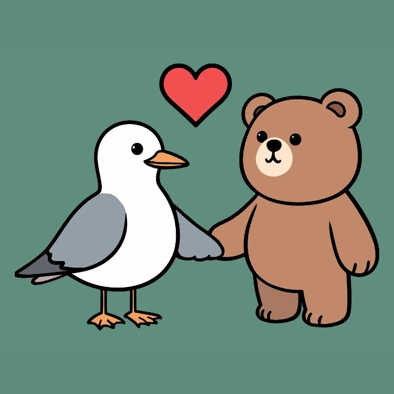 Mouette Ours Brun Amitié Amour Coeur Mains Tenant