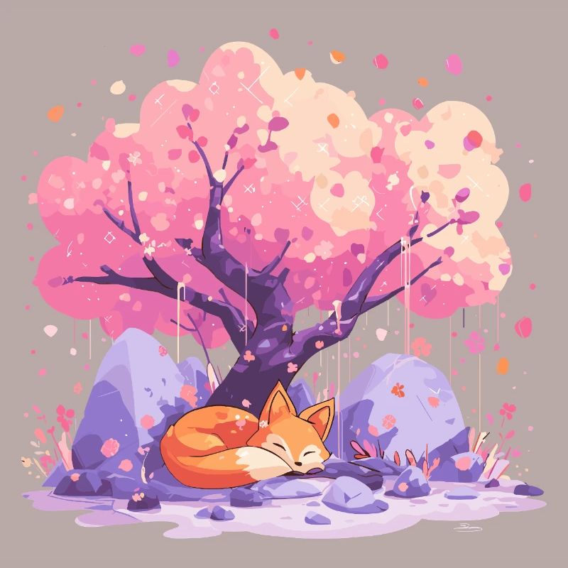 Sleeping fox under cherry tree