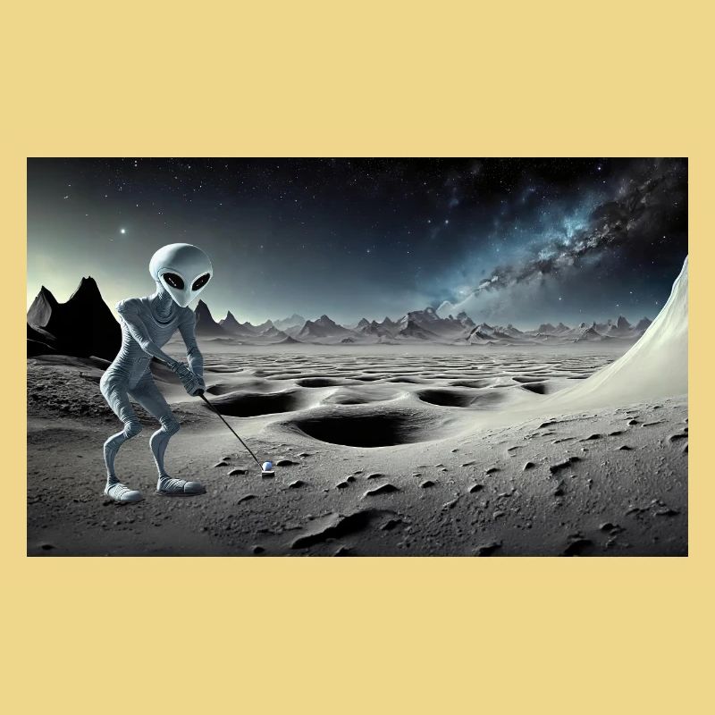 grey alien on the moon surface – playing golf