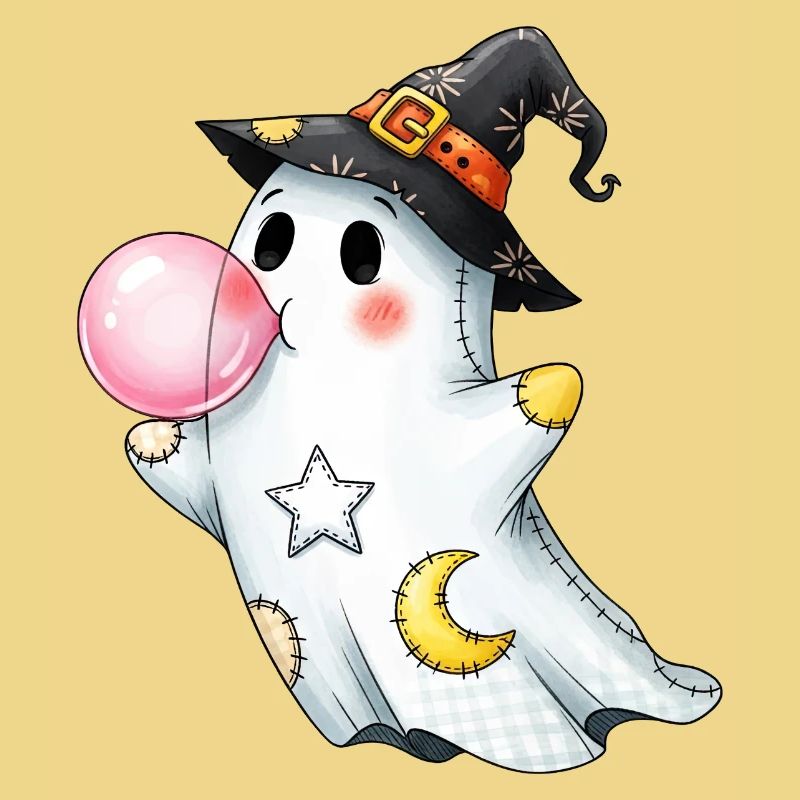 Patchwork cartoon ghost with bubble gum bubble