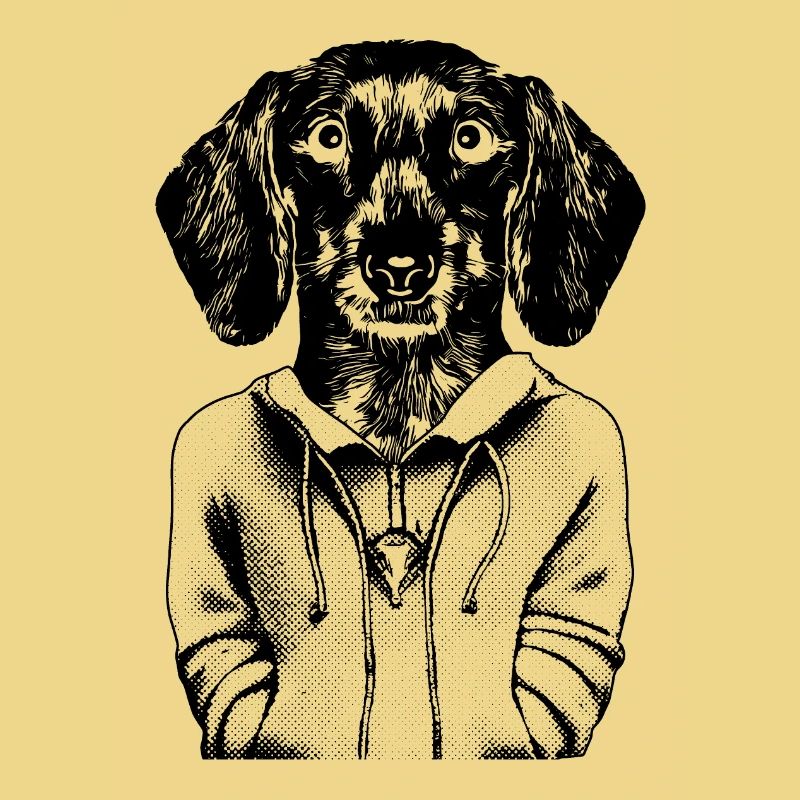 Chiot teckel comique en sweat à capuche, avec un look fidèle.