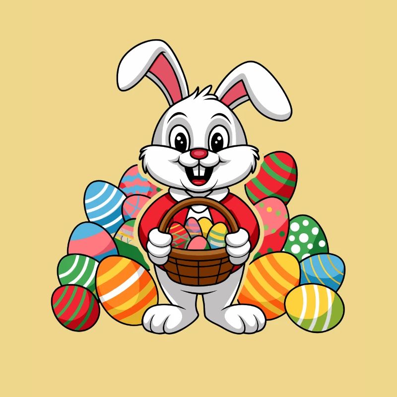 Funny Easter bunny with lots of colorful Easter eggs