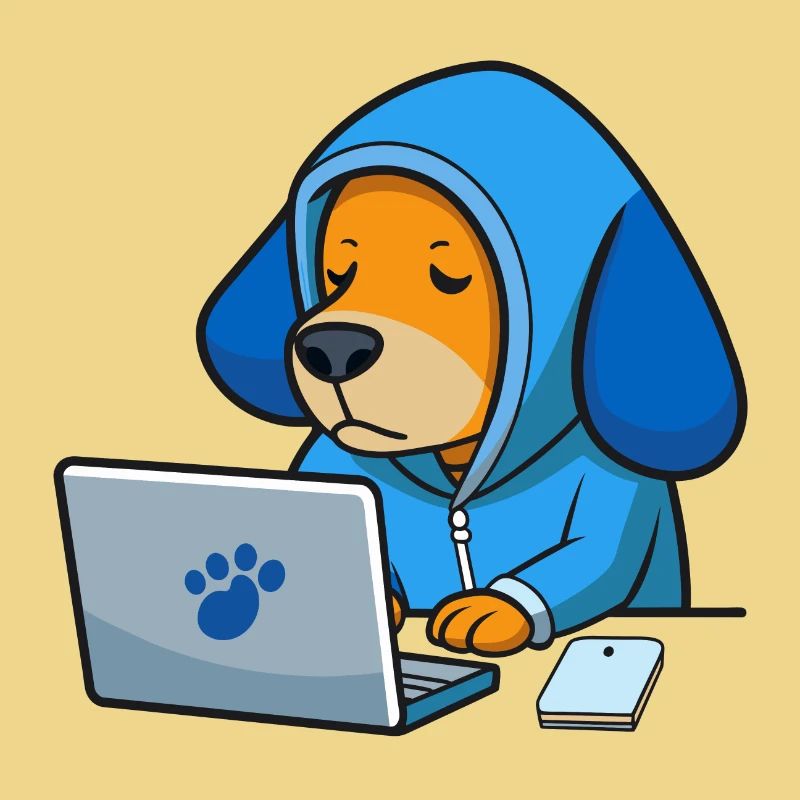 Un chien hacker mignon dort dans un sweat à capuche devant le PC