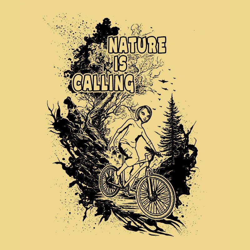 "Nature is calling": Biker on the road through the backdrop of trees