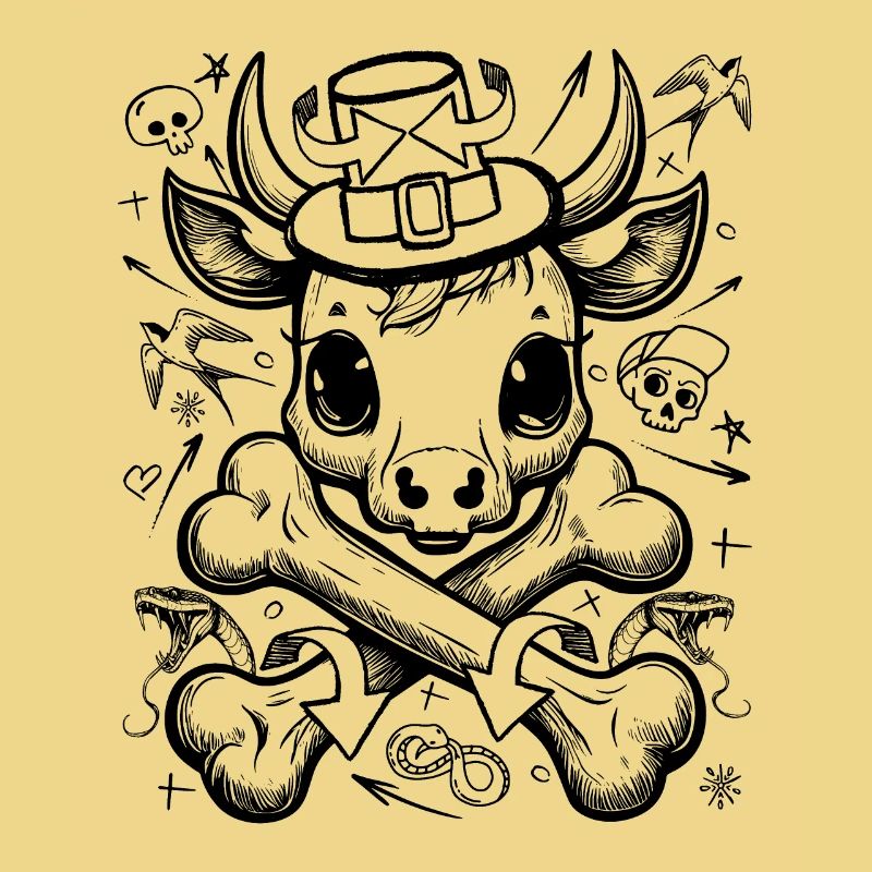 Rebellious Comic Cow Skull Style T-Shirt